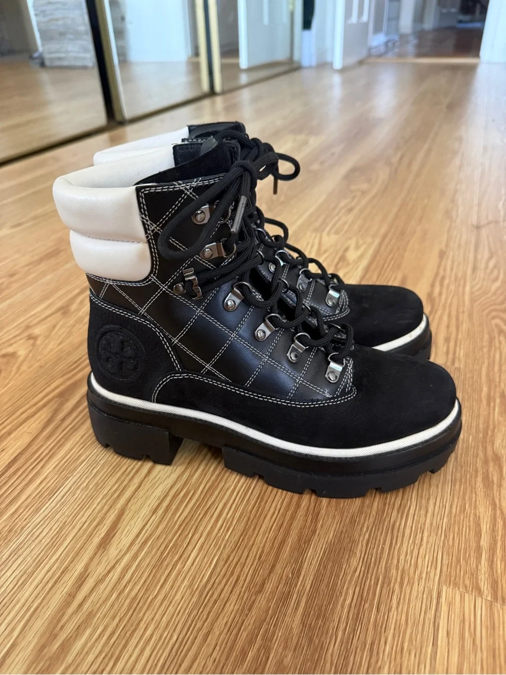 TORY BURCH Miller Lug Hiker Boot Black / White